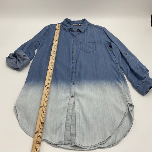 HOLDING HORSES Womens Chambray 2 Tone Button-Up Tunic Size S Boho Long Shirt - Picture 6 of 6